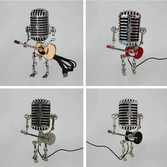 Vintage Metal Microphone Robot Lamp with Guitar Design