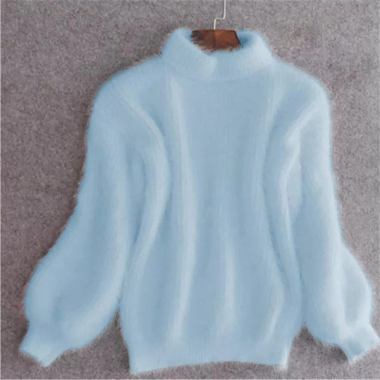 Solid Color Loose Knit Sweater, Vintage Style Angora Pullover for Women
