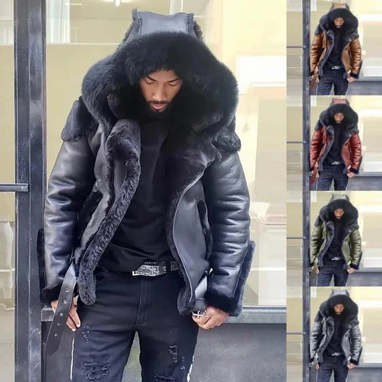 Men's Fur Hood Leather Jacket