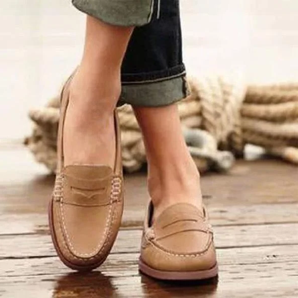 Vintage Women Slip On Loafers, Low Heel PU Leather Shoes