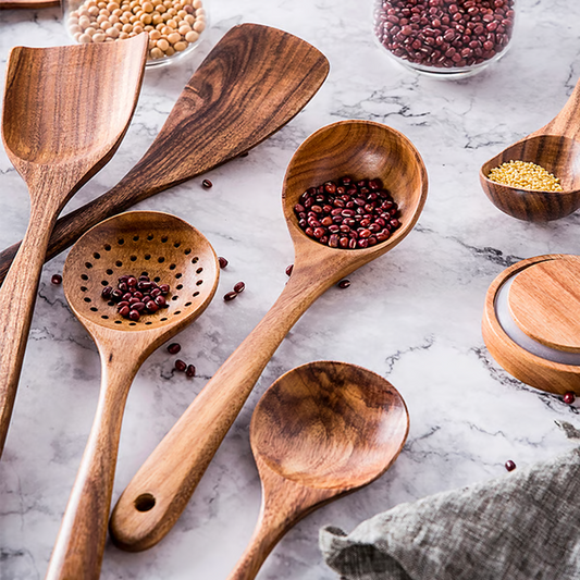 Natural Teak Wood Kitchen Utensils, Eco-Friendly Non-Toxic Cooking Spoons