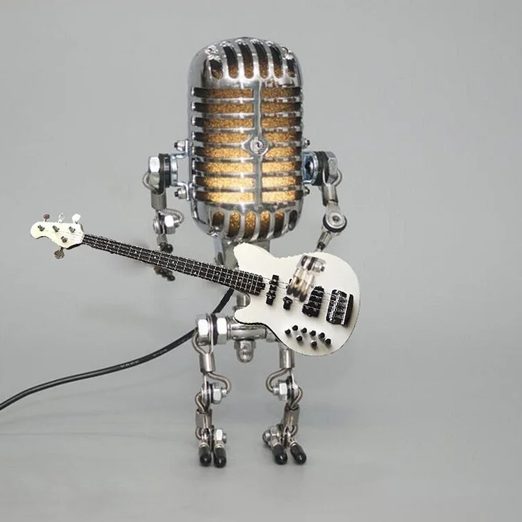 Vintage Metal Microphone Robot Lamp with Guitar Design