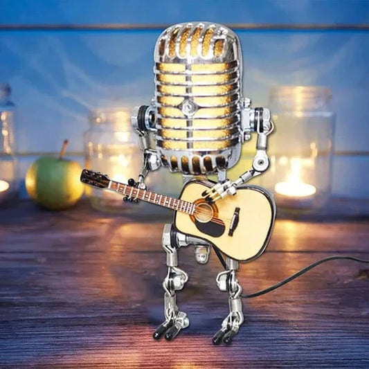 Vintage Metal Microphone Robot Lamp with Guitar Design