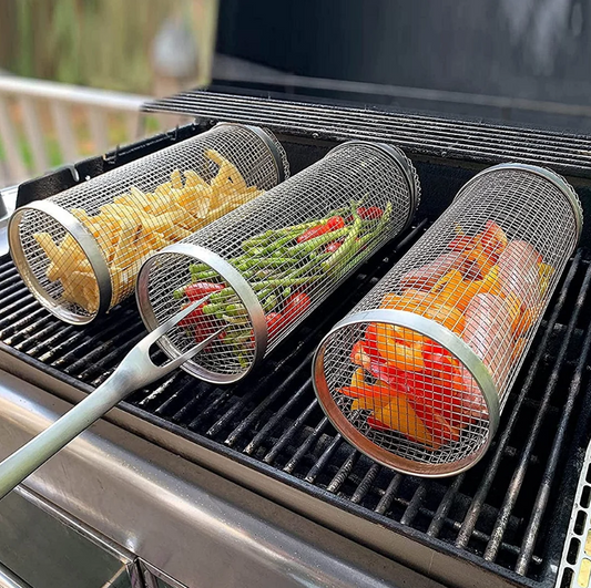 Stainless Steel BBQ Grill Basket with Rolling Design