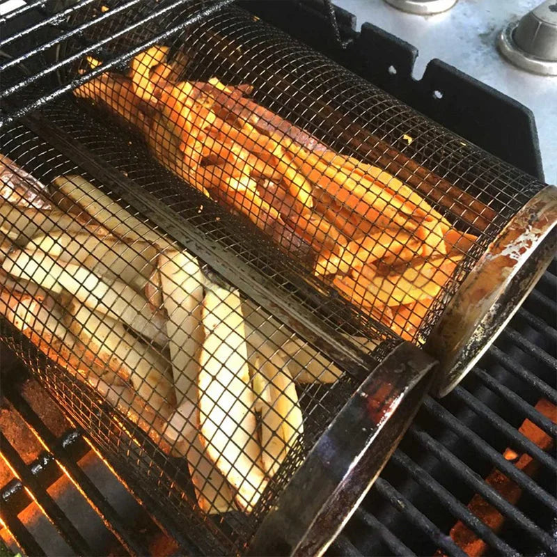Stainless Steel BBQ Grill Basket with Rolling Design