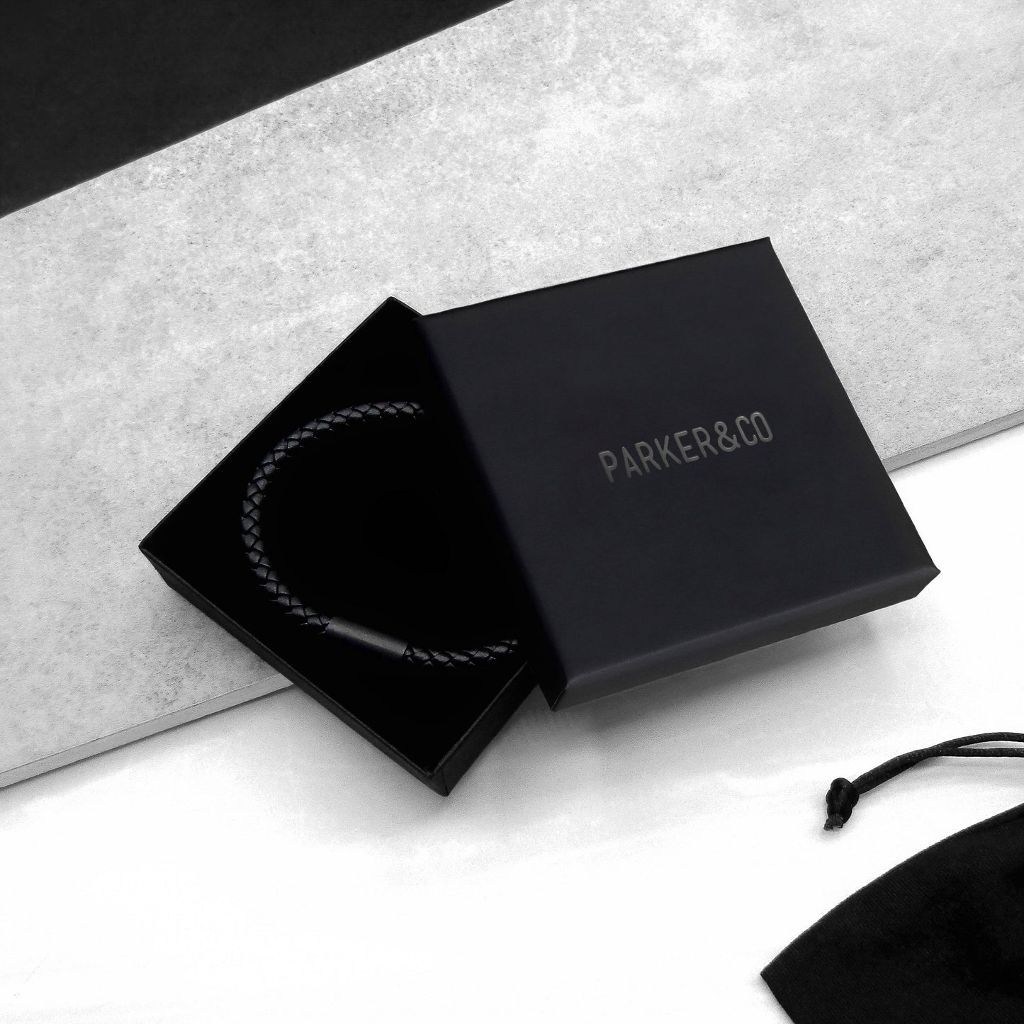 Premium black gift box with "PARKER&CO" logo, luxury packaging for men's accessories or jewelry, sleek matte design ideal for high-end branding and unboxing experience.