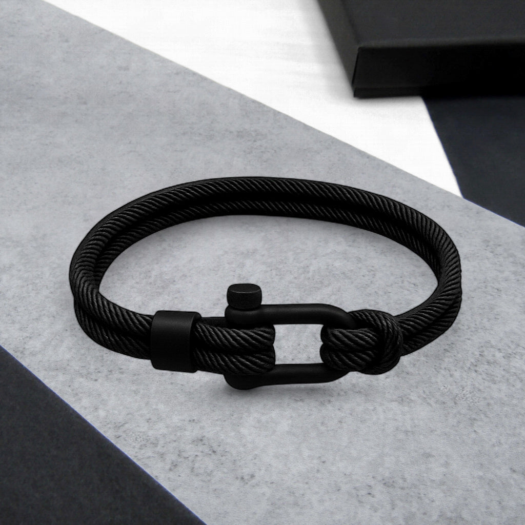 Men's Nautical Double Strand Black Matt D-Shackle & Black Rope Bracelet