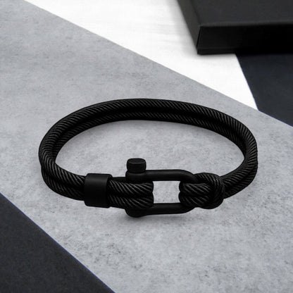 Men's Nautical Double Strand Black Matt D-Shackle & Black Rope Bracelet
