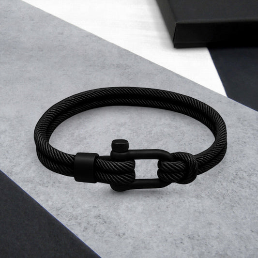 Men's Nautical Double Strand Black Matt D-Shackle & Black Rope Bracelet