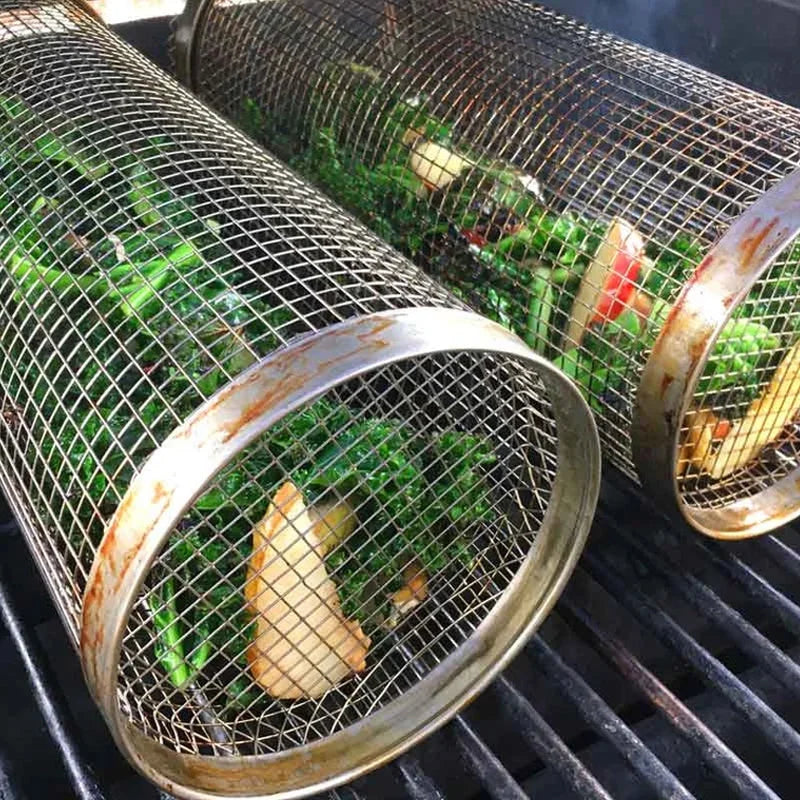 Stainless Steel BBQ Grill Basket with Rolling Design