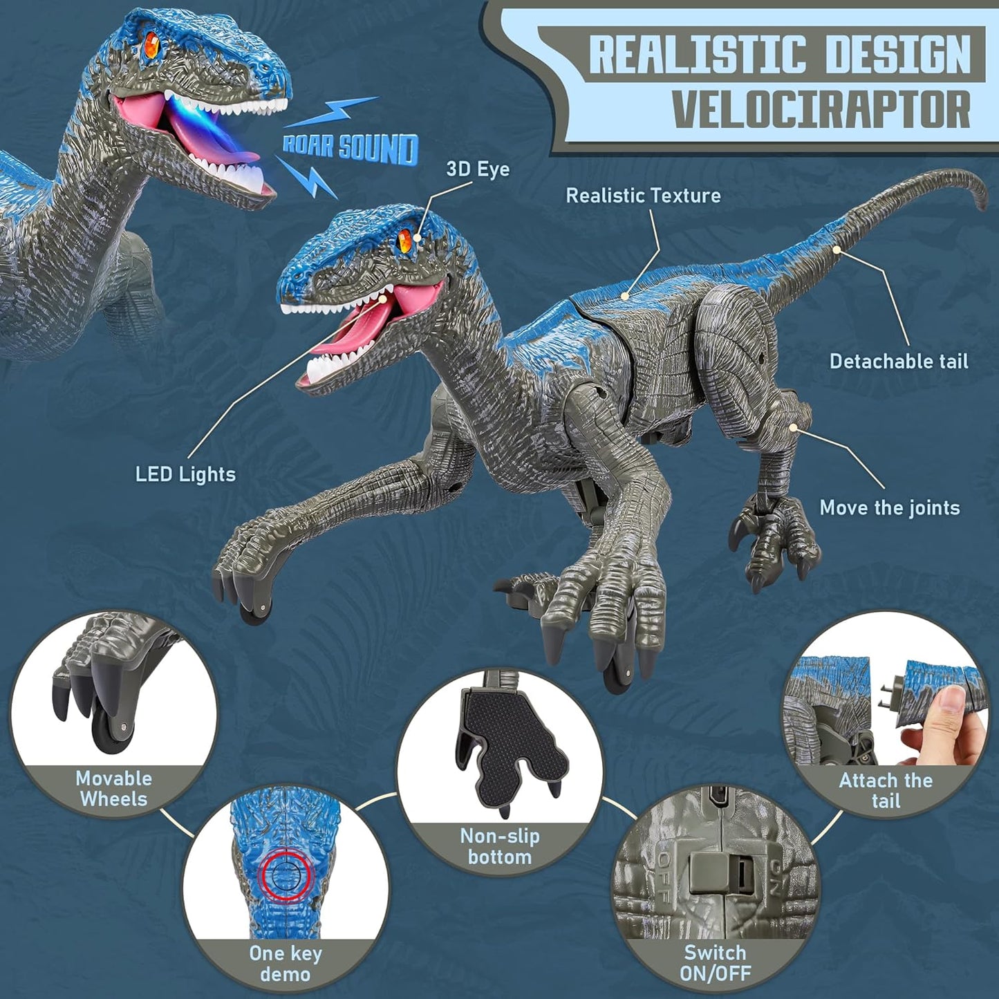 Remote Control Velociraptor Dinosaur Toy with Lights and Sounds Effects