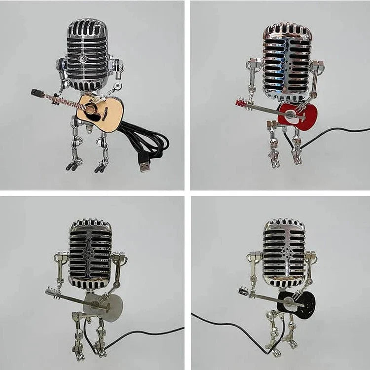 Vintage Metal Microphone Robot Lamp with Guitar Design