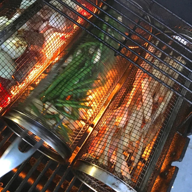 Stainless Steel BBQ Grill Basket with Rolling Design