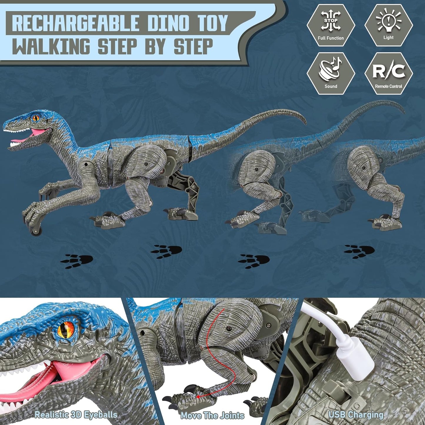 Remote Control Velociraptor Dinosaur Toy with Lights and Sounds Effects