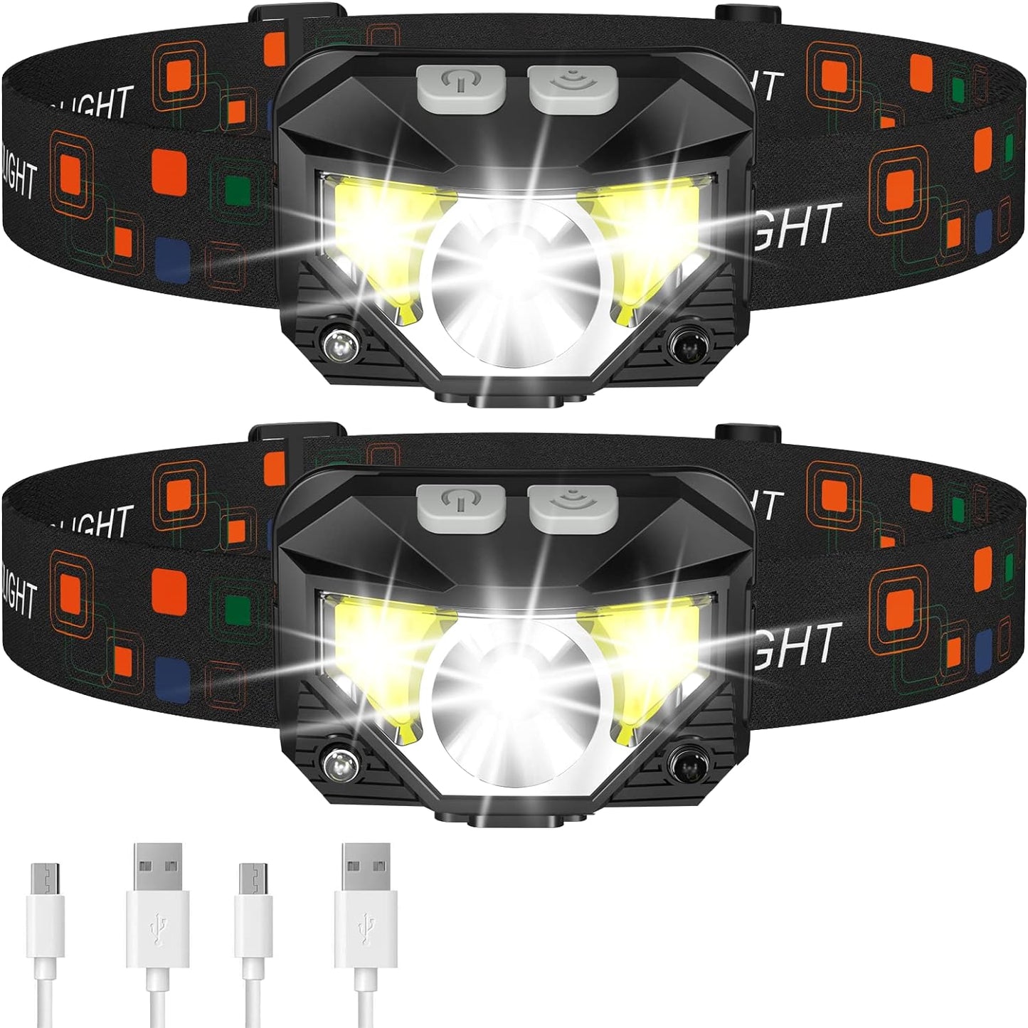 Ultra-Bright LED Rechargeable Headlamp Flashlight, Waterproof with Motion Sensor, 2-Pack