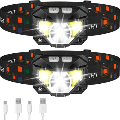 Ultra-Bright LED Rechargeable Headlamp Flashlight, Waterproof with Motion Sensor, 2-Pack