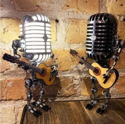 Vintage Metal Microphone Robot Lamp with Guitar Design