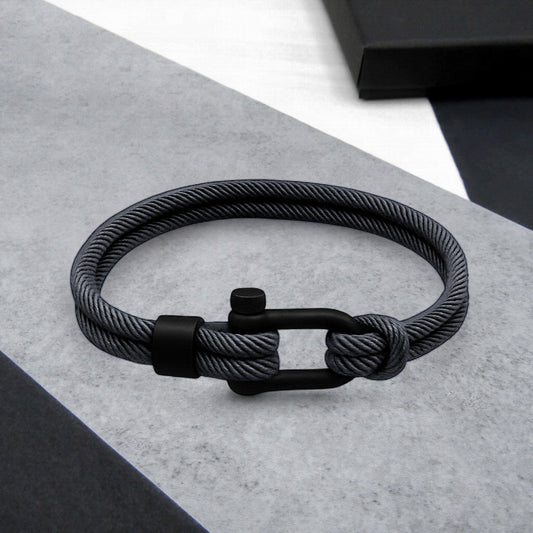 Men's Nautical Double Strand Black Matt D-Shackle & Rope Bracelet