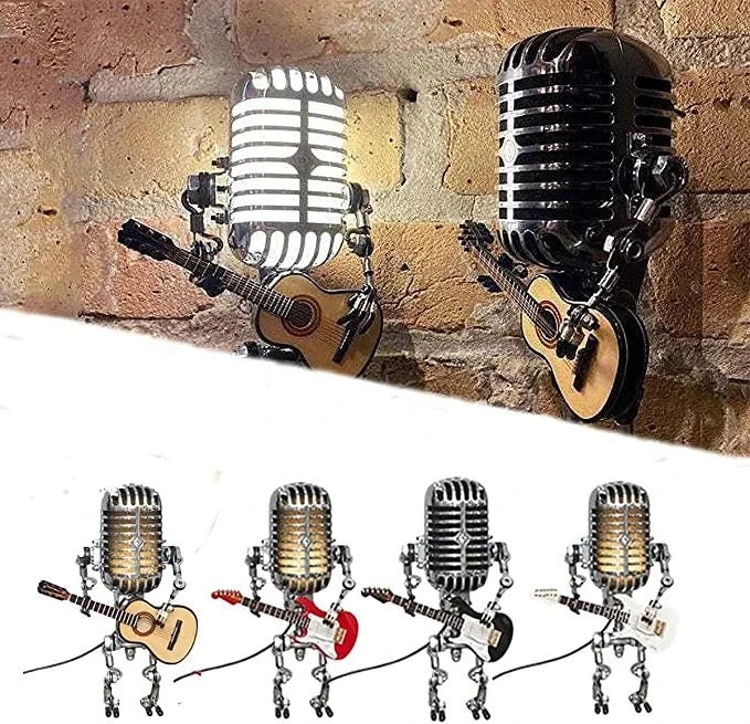 Vintage Metal Microphone Robot Lamp with Guitar Design