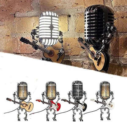 Vintage Metal Microphone Robot Lamp with Guitar Design