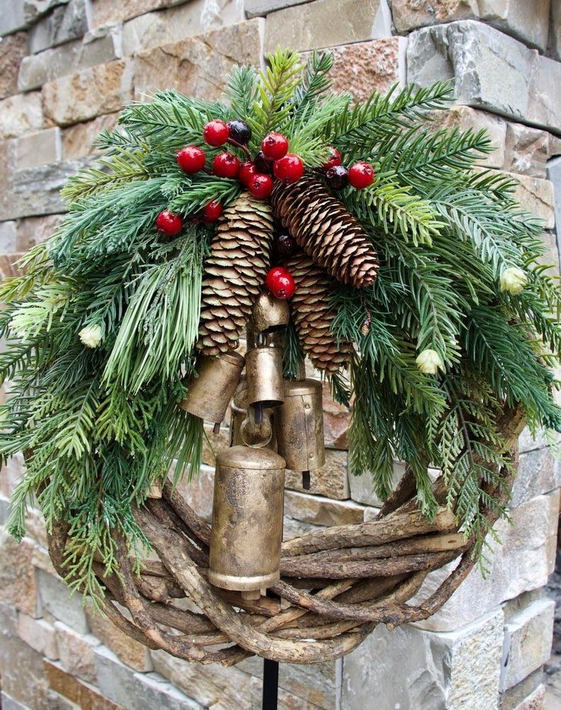 Farmhouse Christmas Wreath, Boho Style Holiday Decor