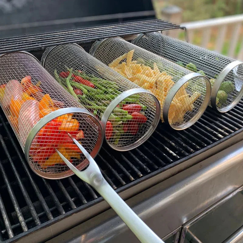 Stainless Steel BBQ Grill Basket with Rolling Design