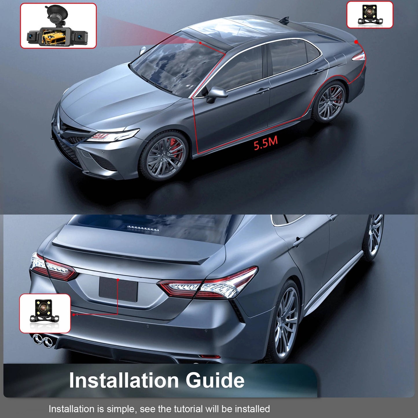 Wireless Car Dash Cam with Front and Rear Cameras, Night Vision