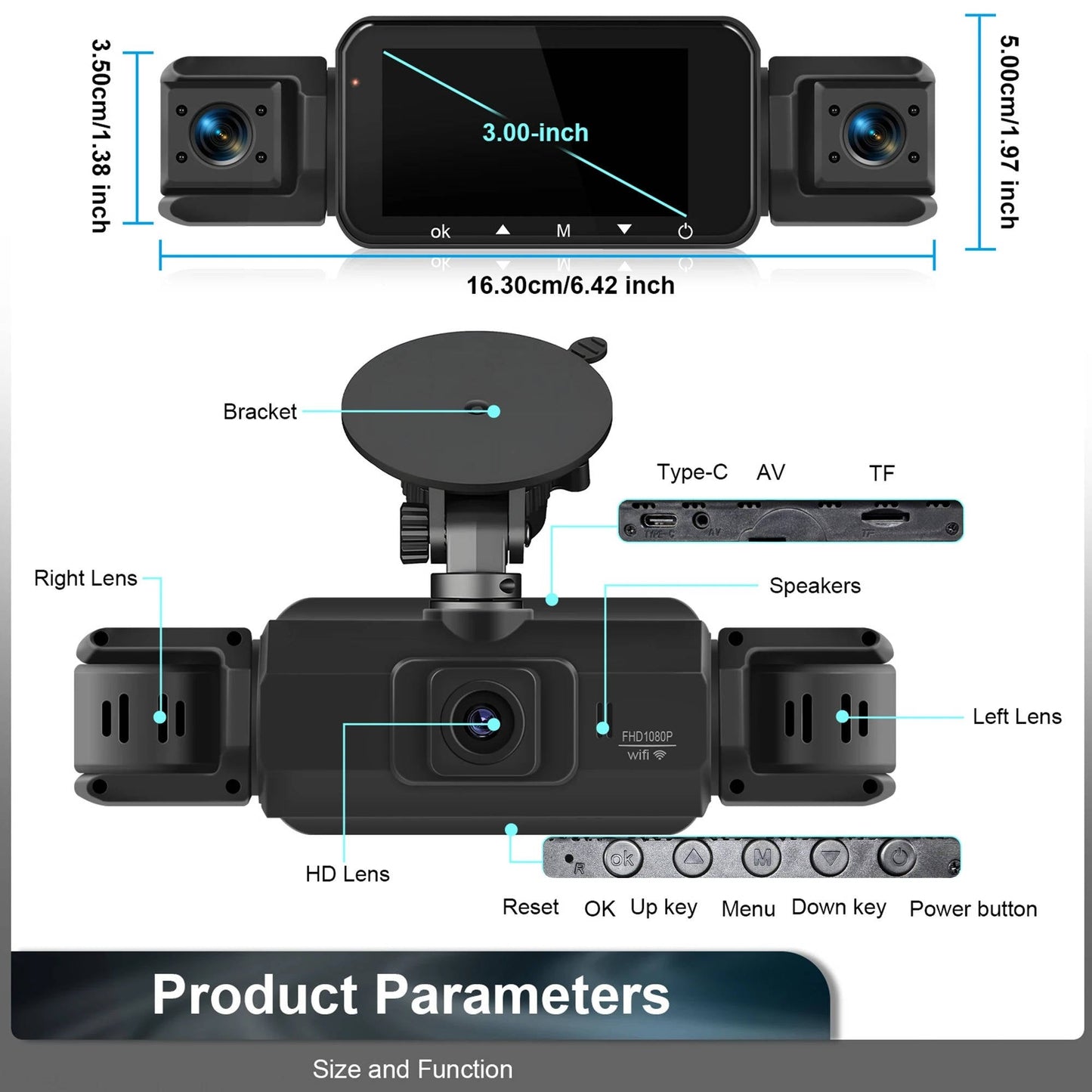Wireless Car Dash Cam with Front and Rear Cameras, Night Vision