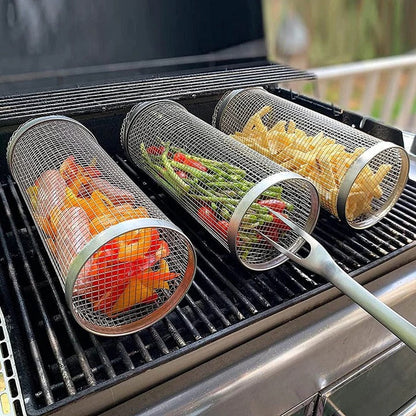 Rotating Barbecue Grill Basket with Locking Latch