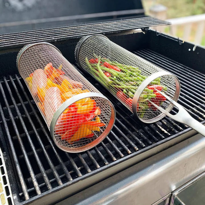 Rotating Barbecue Grill Basket with Locking Latch