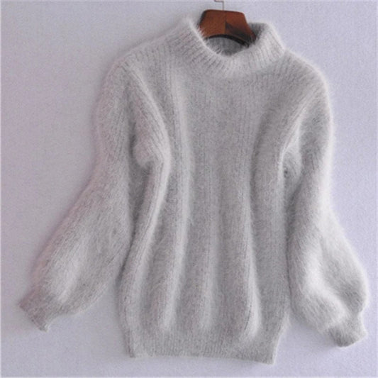 Solid Color Loose Knit Sweater, Vintage Style Angora Pullover for Women