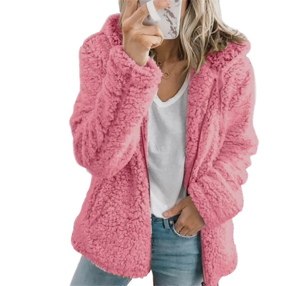 Soft Fleece Teddy Bear Coat with Pockets and Zipper, Elegant Design