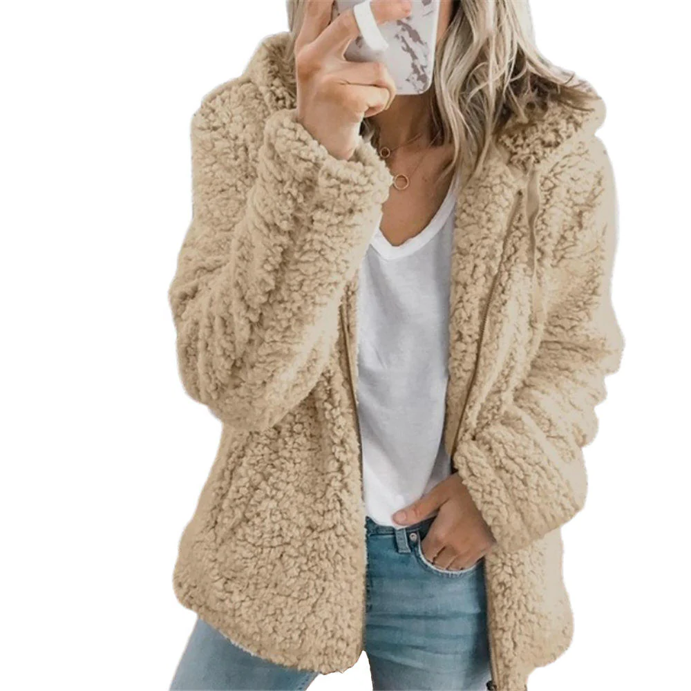 Soft Fleece Teddy Bear Coat with Pockets and Zipper, Elegant Design