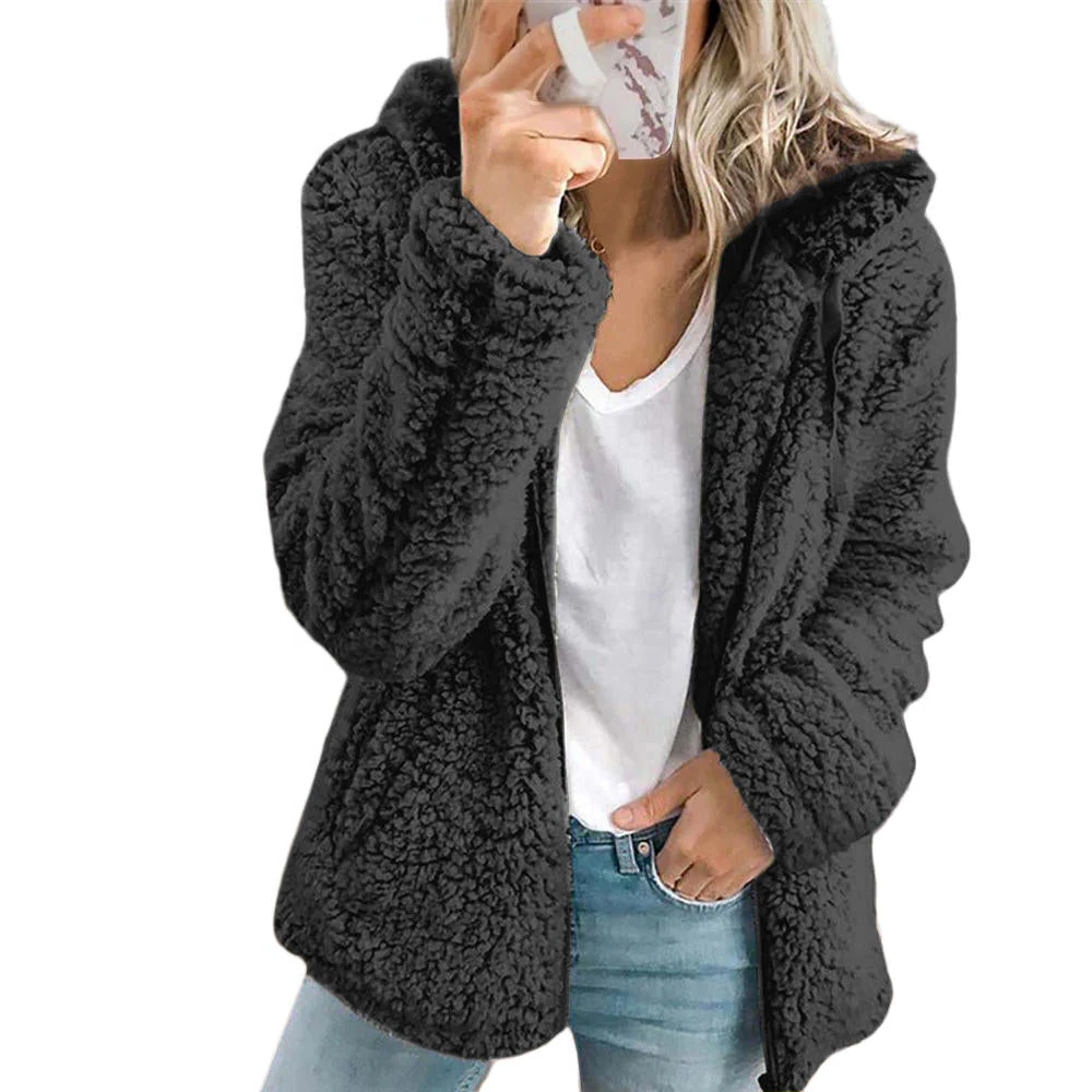Soft Fleece Teddy Bear Coat with Pockets and Zipper, Elegant Design