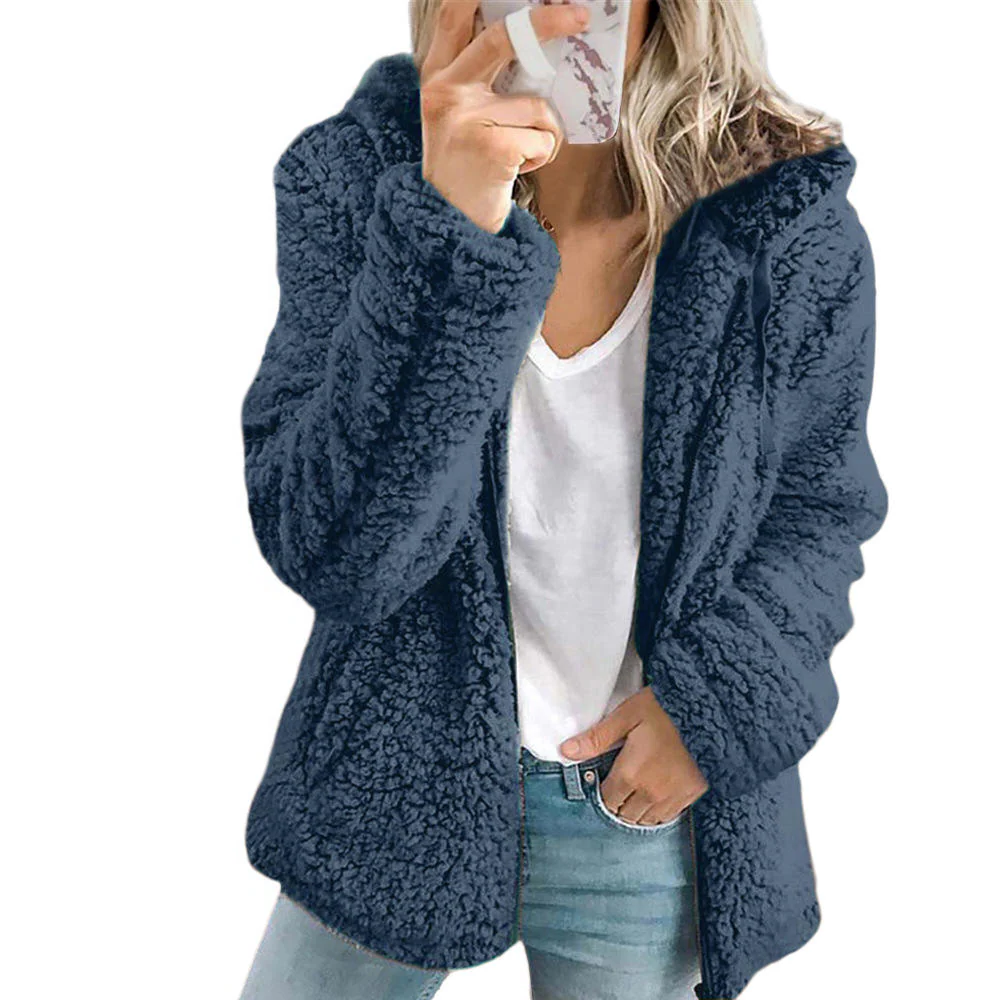 Soft Fleece Teddy Bear Coat with Pockets and Zipper, Elegant Design