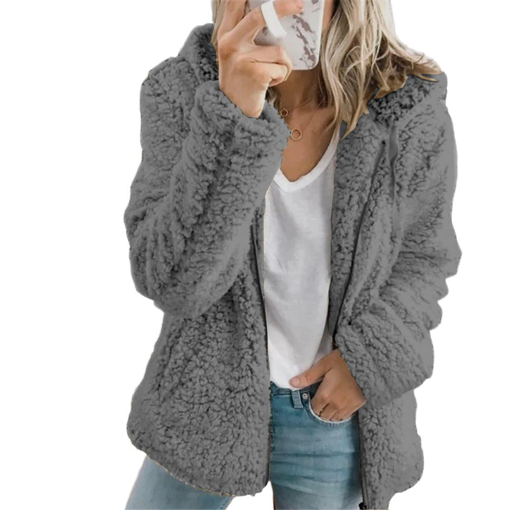 Soft Fleece Teddy Bear Coat with Pockets and Zipper, Elegant Design