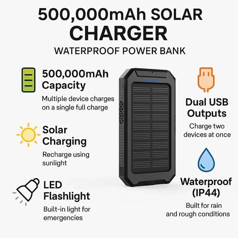500000mAh Waterproof Solar Charger Power Bank, External Battery