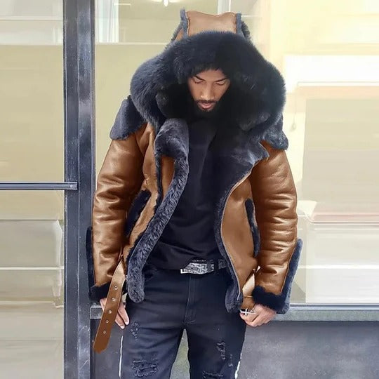 Men's Fur Hood Leather Jacket