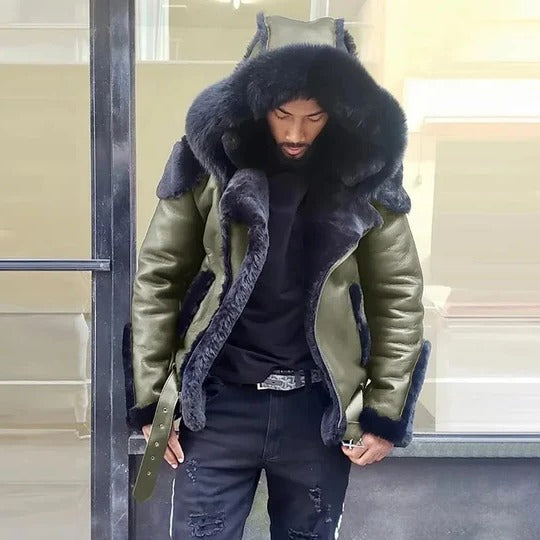 Men's Fur Hood Leather Jacket