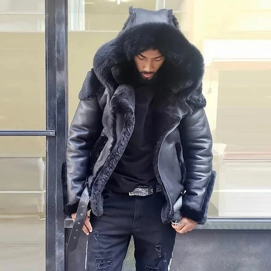 Men's Fur Hood Leather Jacket
