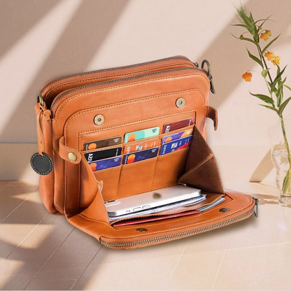 Three-Layer Leather Crossbody Shoulder Bag and Clutch