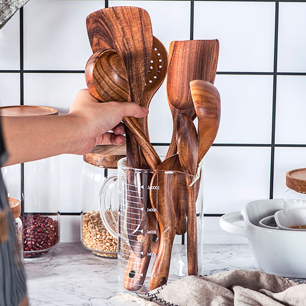 Natural Teak Wood Kitchen Utensils, Eco-Friendly Non-Toxic Cooking Spoons