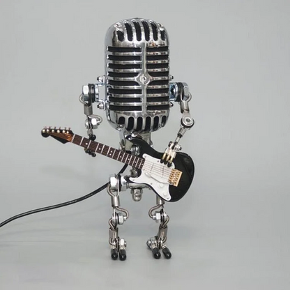 Vintage Metal Microphone Robot Lamp with Guitar Design