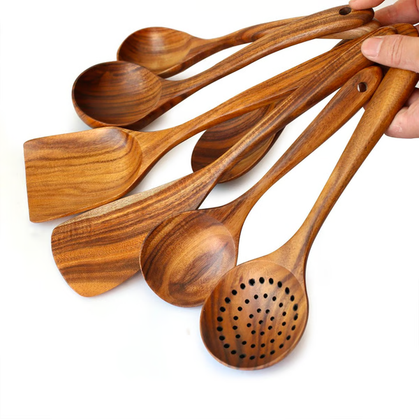 Natural Teak Wood Kitchen Utensils, Eco-Friendly Non-Toxic Cooking Spoons