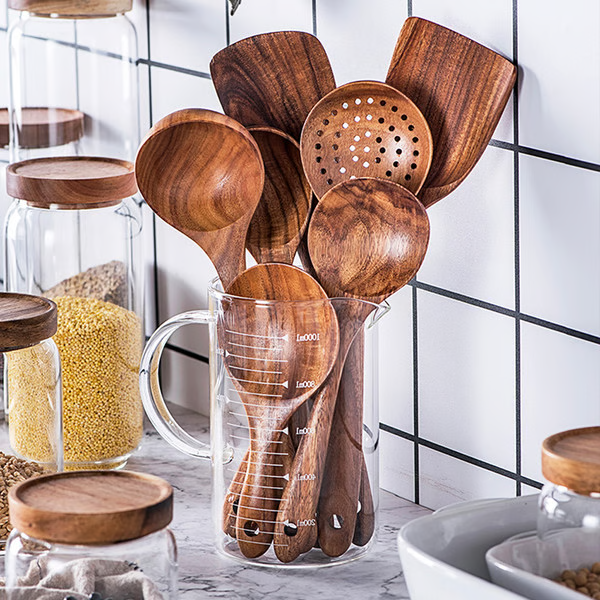 Natural Teak Wood Kitchen Utensils, Eco-Friendly Non-Toxic Cooking Spoons