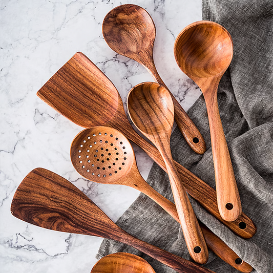 Natural Teak Wood Kitchen Utensils, Eco-Friendly Non-Toxic Cooking Spoons