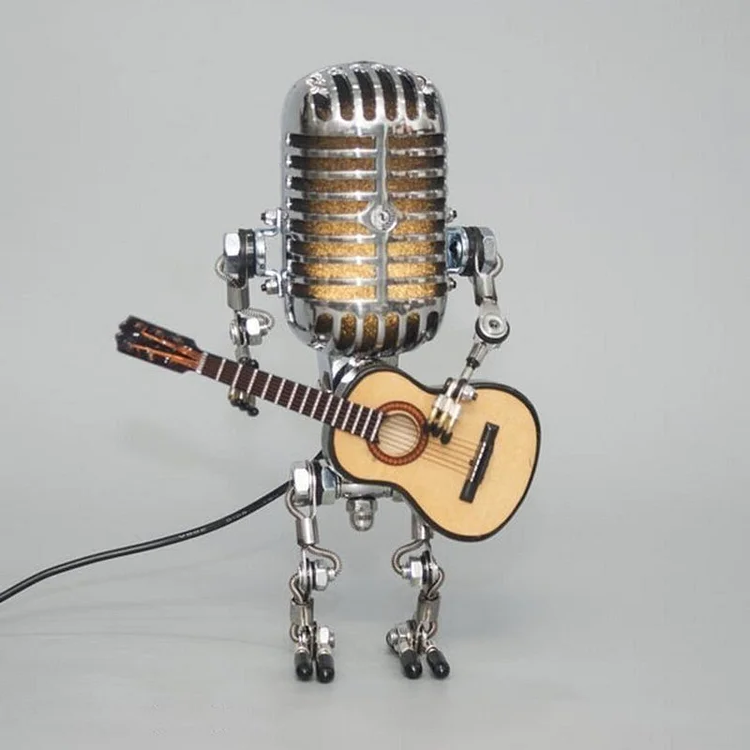 Vintage Metal Microphone Robot Lamp with Guitar Design