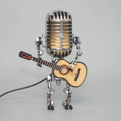 Vintage Metal Microphone Robot Lamp with Guitar Design