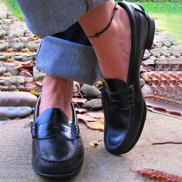 Vintage Women Slip On Loafers, Low Heel PU Leather Shoes
