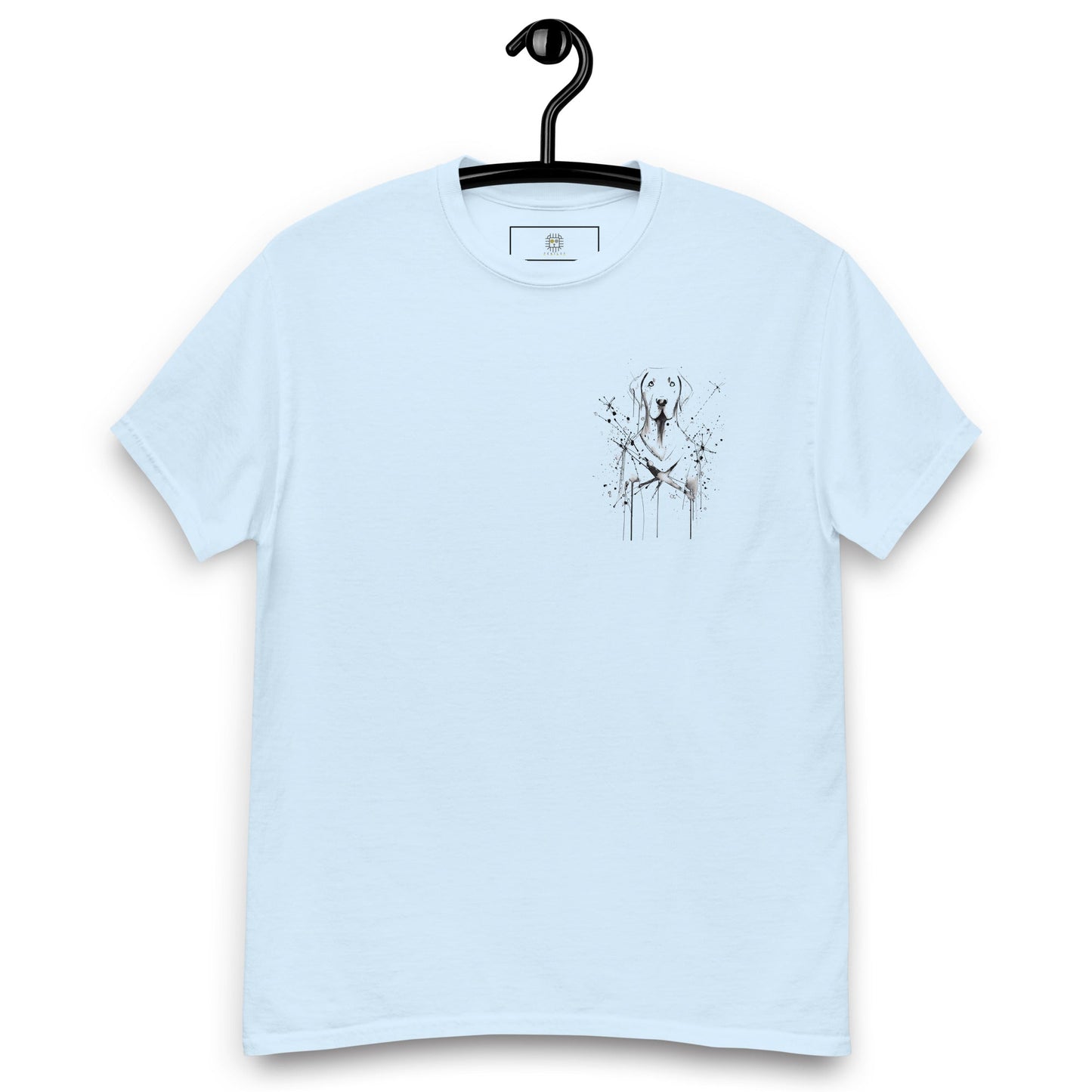Light blue unisex T-shirt – abstract black line art  dog, front view on hanger.